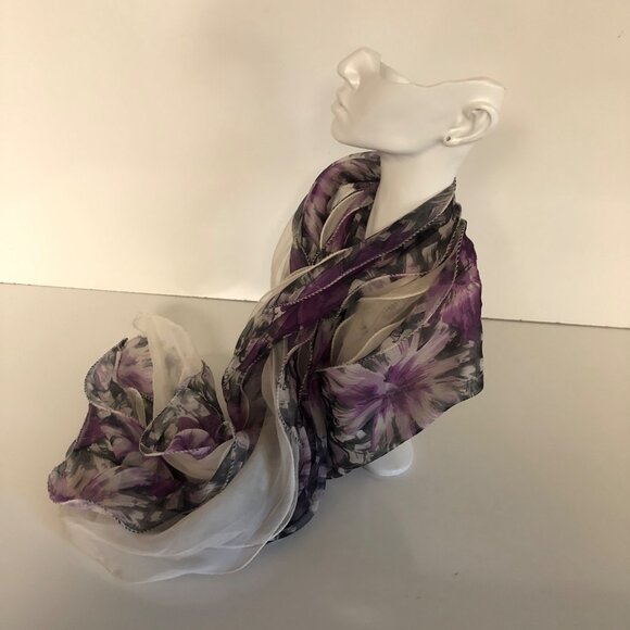 Dual White Sheer Lightweight Scarf with Purple Gray Floral 10x92 in Versatile - Picture 5 of 7